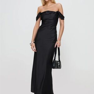 Off-the-Shoulder Satin Maxi Dress in Black